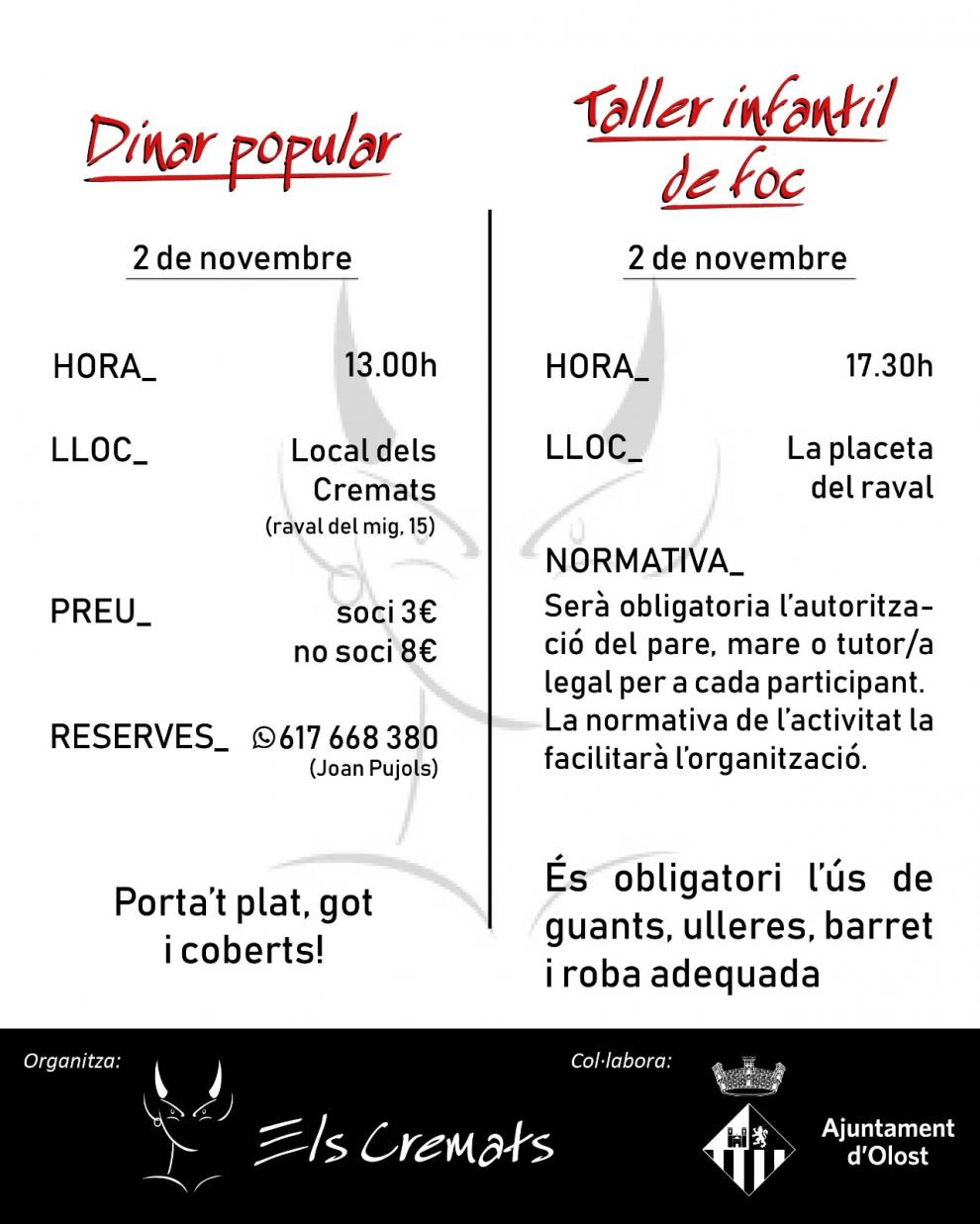 Dinar popular i taller infantil de foc amb Els Cremats d'Olost